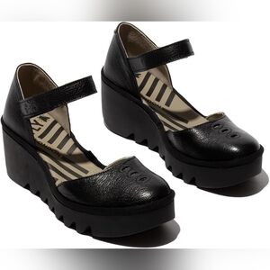 Fly London Black Leather Strap Flats